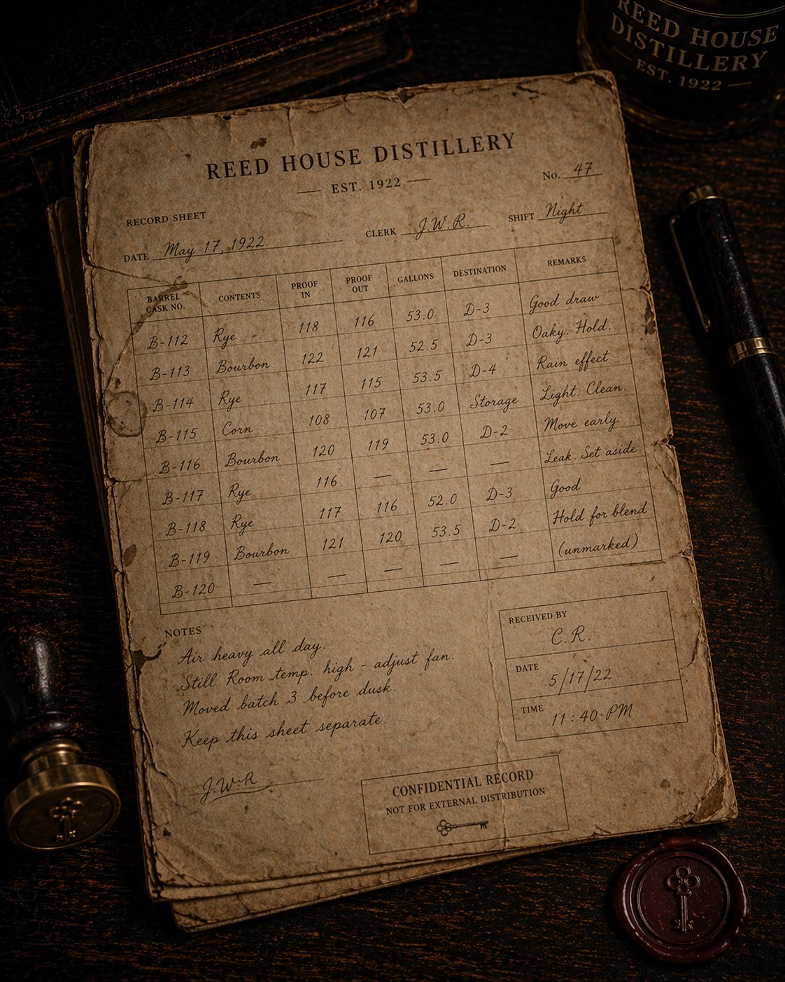 A Reed House Distillery record sheet with barrel numbers and proof details