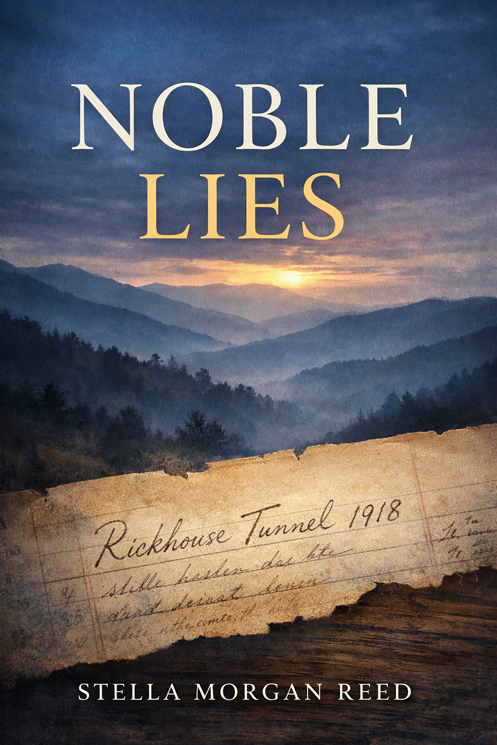 Noble Lies by Stella Morgan Reed, a novel, Family Secrets Book One, mountain sunrise over Newman's Ridge with a torn ledger page reading Rickhouse Tunnel 1918